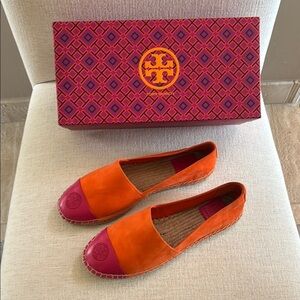 Tory Burch Color Block Espadrilles. Sweet Tangerine/Bright Azalea. Size 8. NWT.